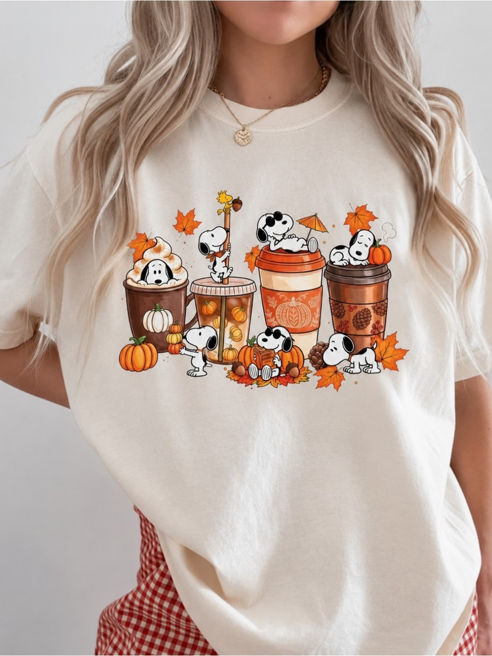 Snoopy Autumn Coffee Pumpkin Graphic T-Shirt White Unisex